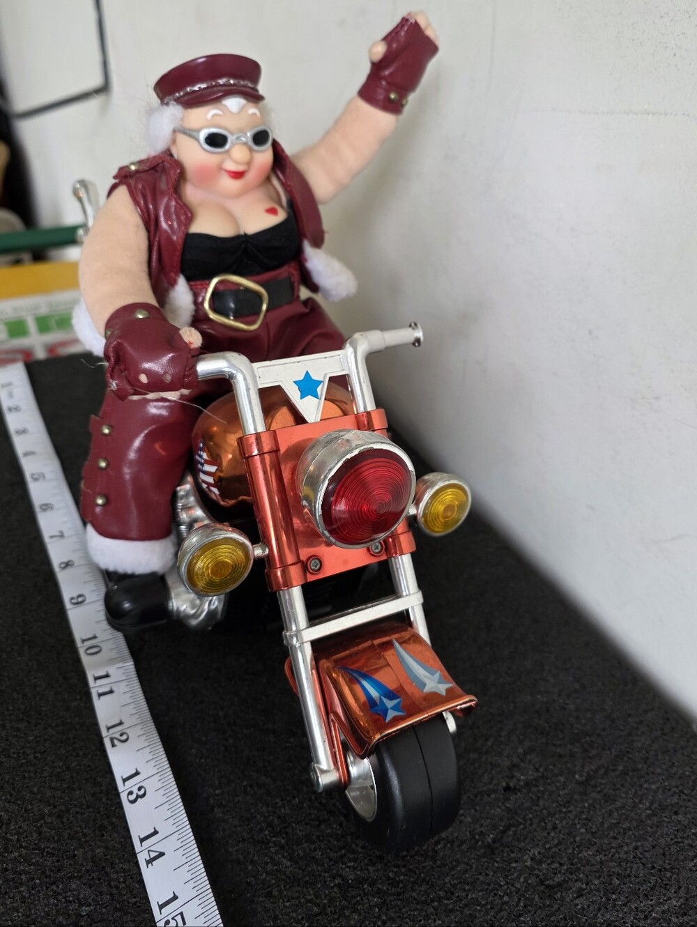 Vintage Animated Biker Mrs Claus on Motorcycle Christmas Motion Decor Rare